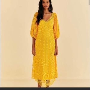 Beautifully yellow Farm Rio crochet maxi dress. Size Xs/S